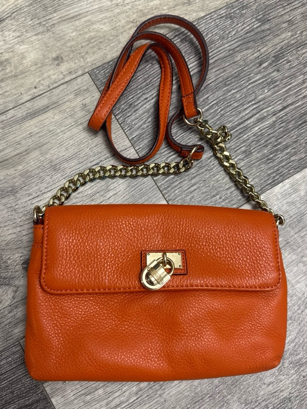 Calvin Klein Orange Pebbled Leather Chain Crossbody